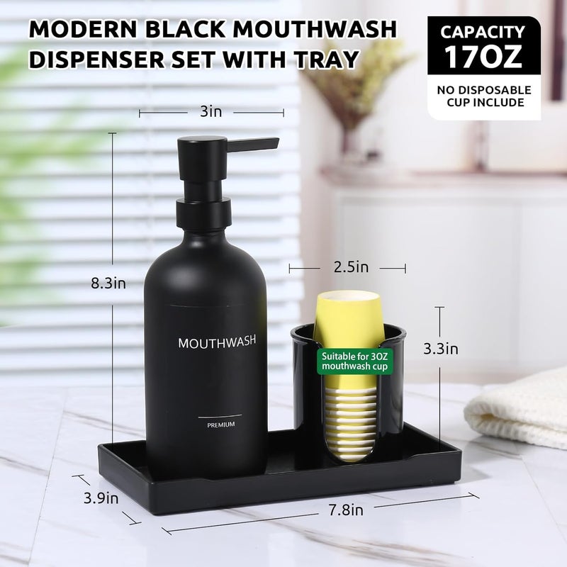 TOLDATLI Mouthwash Dispenser for Bathroom, Glass Mouth Wash Pump Dispenser with Cup Holder, 17 Fl Oz Mouthwash Bottle Decanter with Tray, Refillable Mouthwash Dispenser Container (Matte Black) - Image 3
